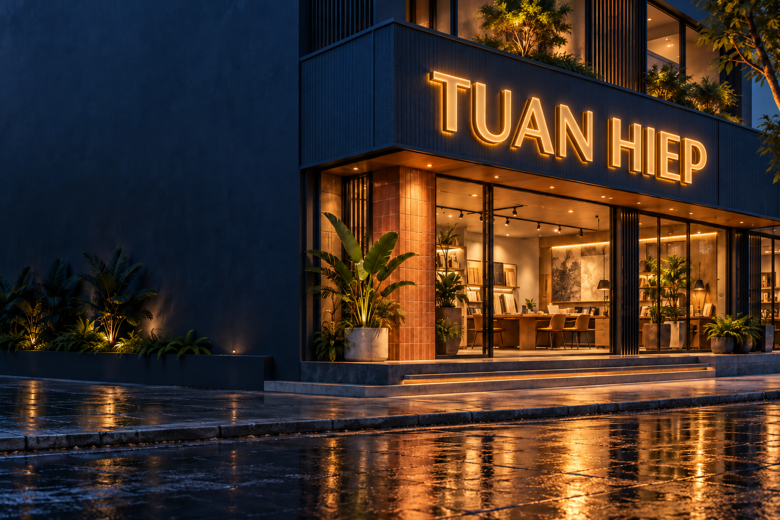 Minh họa biển hiệu chữ nổi ánh vàng trên mặt tiền xanh đậm